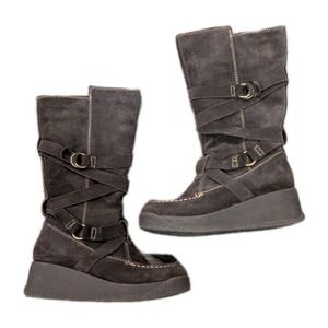 Vtg Aldo Women's 7.5 Suede Boots Brown Platform Snow Bunny Y2k Buckle Straps